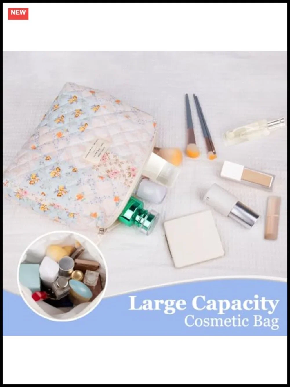 Small Quilted Cotton Cosmetic Bag Floral Travel Makeup Toiletry Organizer Cute